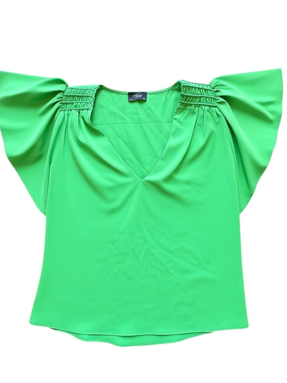 Milk & Honey Bright Green Satin Flutter Sleeve V-Neck Top Coastal Summer Resort